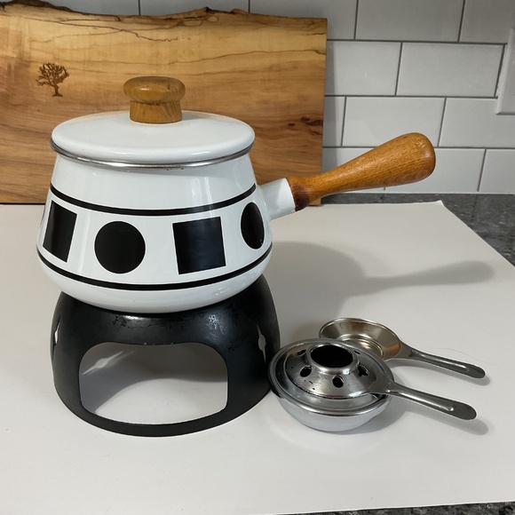 VTG Fondue Pot with Stand, White Enamel Pot MCM Black Geometric Circle Squares - Picture 7 of 9